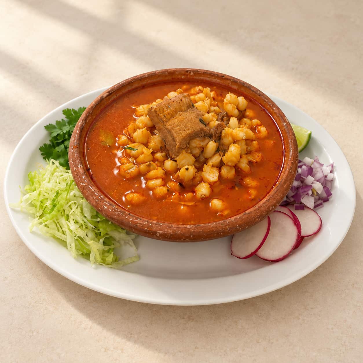 Bowl of red pozole with hominy, meat, shredded cabbage, radish, and lime
