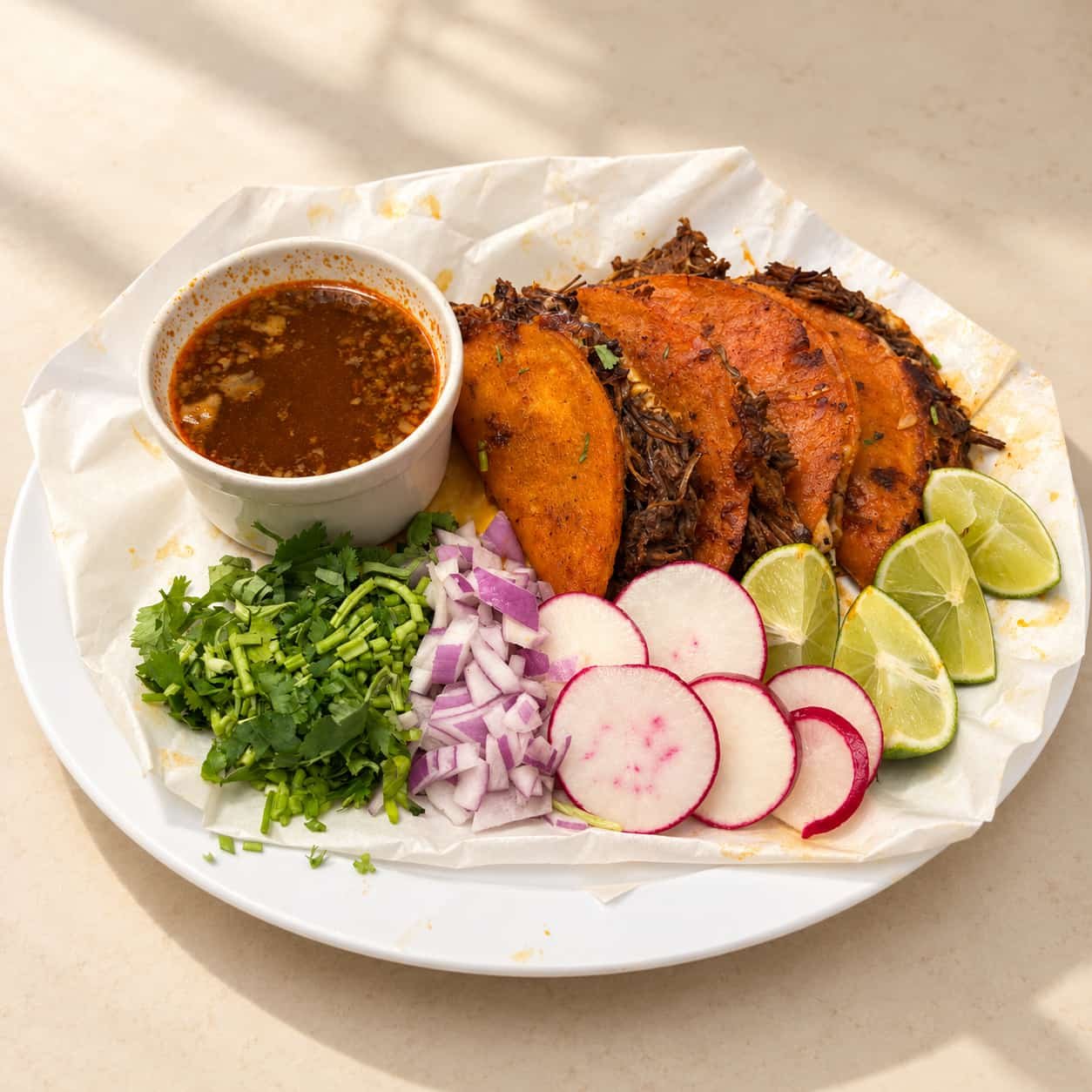 Crispy quesabirria tacos with consommé, lime, and fresh garnishes