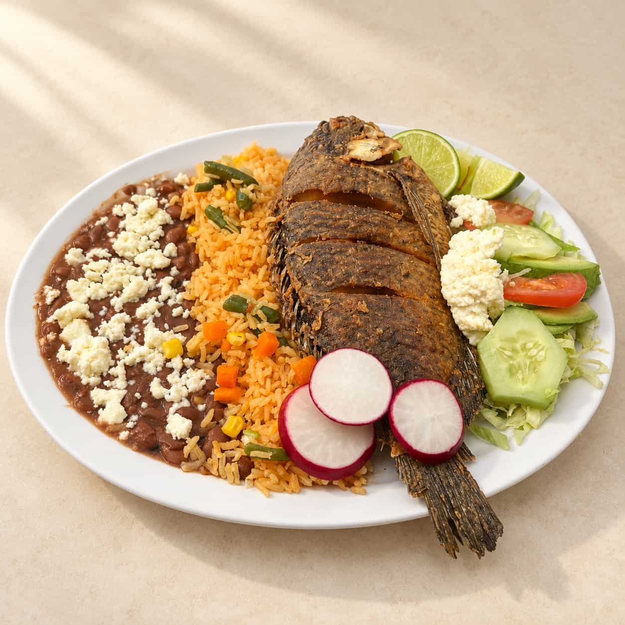 Whole fried tilapia served with rice, beans, sliced vegetables, and lime